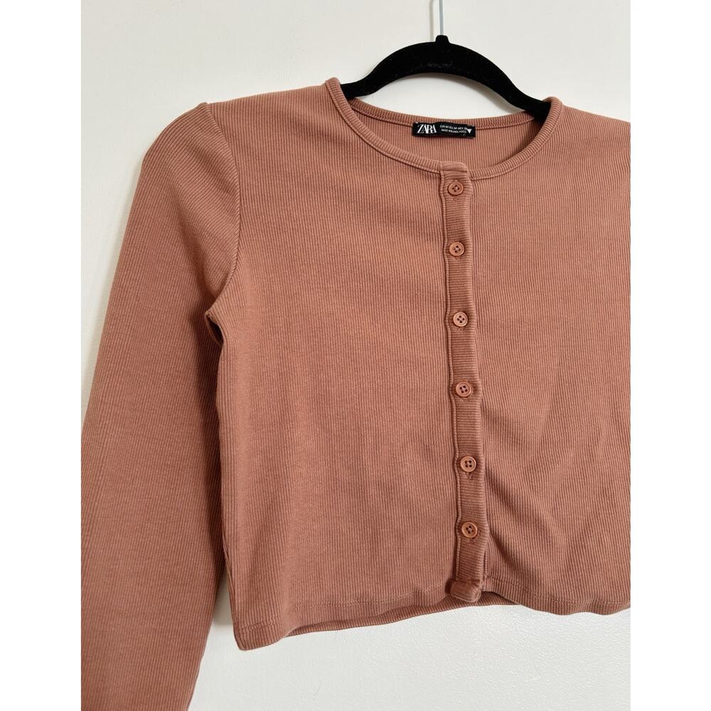 Terracotta ZARA Ribbed Button Front Cropped Sweater M - Picture 2 of 4